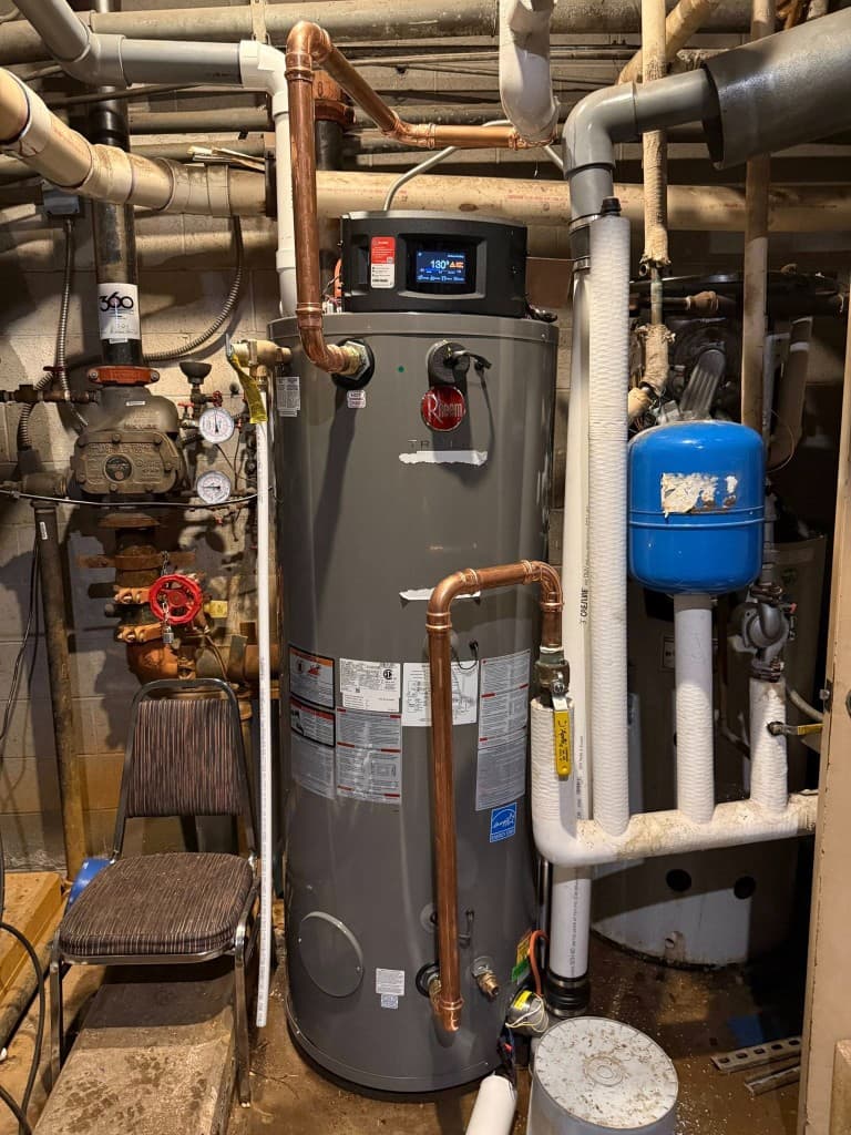 Commercial Rheem water heater in a mechanical room